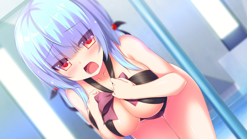 1girl anata_o_otoko_ni_shiteageru! bangs bent_over bikini black_bikini blunt_bangs blurry blurry_background bow bowtie breasts chiri_(atlanta) cleavage collarbone dutch_angle eyebrows_visible_through_hair game_cg highres large_breasts long_hair looking_at_viewer official_art open_mouth purple_bow purple_bowtie red_eyes shiny shiny_skin shuukaidou_rika silver_hair solo swimsuit thigh_gap