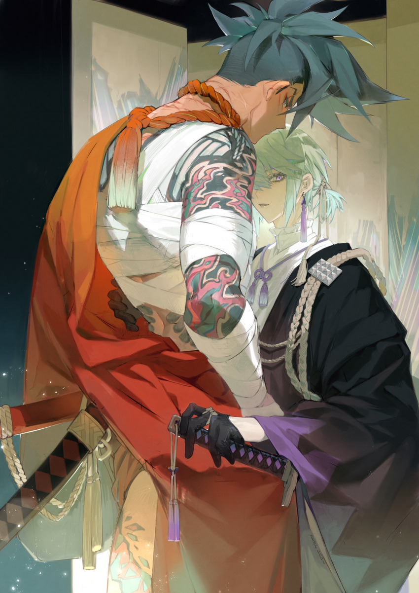 2boys alternate_costume androgynous arm_tattoo bandaged_arm bandaged_chest bandages bangs black_gloves black_kimono blue_eyes blue_hair chest_sarashi earrings finger_ribbon folding_screen galo_thymos gloves green_hair hand_on_hip hand_print highres holding holding_weapon hover_hand inuyama_(inuhill) japanese_clothes jewelry katana kimono leg_tattoo lio_fotia long_sleeves looking_back male_focus multicolored_clothes multicolored_kimono multiple_boys orange_kimono parted_lips ponytail promare purple_eyes rope sarashi scar scar_on_face scar_on_neck shimenawa short_hair spiked_hair star_(sky) sword tassel tassel_earrings tattoo turtleneck upper_body vest weapon white_vest wide_sleeves