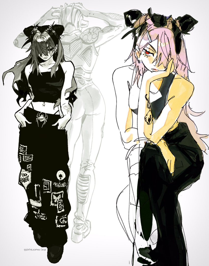 1girl alternate_color alternate_costume baggy_pants black_hair black_pants black_tank_top breasts butterfly_tattoo cone_hair_bun crop_top double_bun edpan elbow_on_knee elbow_rest flower greyscale hair_bun hair_ornament hairclip hand_on_own_cheek hand_on_own_chin hand_on_own_face hands_in_pockets head_rest highres jojo_no_kimyou_na_bouken kujo_jolyne lipstick long_hair makeup medium_breasts monochrome multicolored_hair multiple_views navel navel_piercing pants piercing pink_hair red_eyes spider_lily stand_(jojo) star_(symbol) star_piercing stone_free stone_ocean tank_top tattoo two-tone_hair