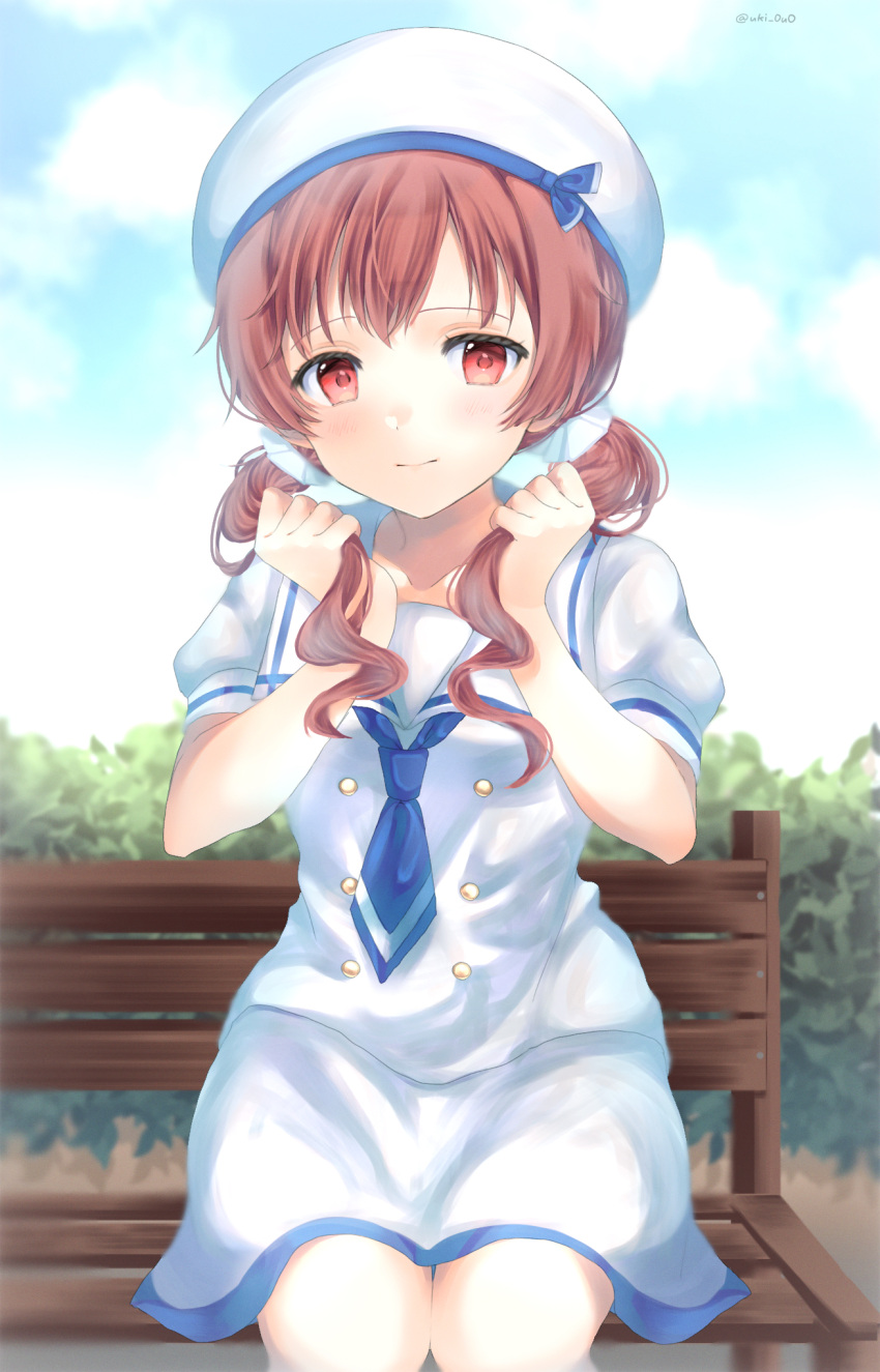 1girl bangs bench blush brown_hair closed_mouth day gochuumon_wa_usagi_desu_ka? hair_ornament hair_over_shoulder hair_scrunchie highres holding holding_hair kafuu_chino's_school_uniform long_hair looking_at_viewer low_twintails miniskirt natsu_megumi outdoors red_eyes sailor_collar sailor_shirt school_uniform scrunchie shirt short_sleeves sitting skirt smile solo twintails white_headwear white_sailor_collar white_scrunchie white_shirt white_skirt yuxi