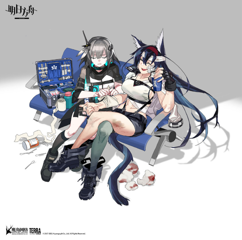 2girls animal_ears arknights artist_request bandages bangs black_hair blaze_(arknights) cat_ears cat_girl cat_tail closed_eyes fang fang_out feather_hair fingerless_gloves first_aid_kit gloves grey_hair greythroat_(arknights) hairband infection_monitor_(arknights) long_hair multiple_girls official_art parted_lips tail