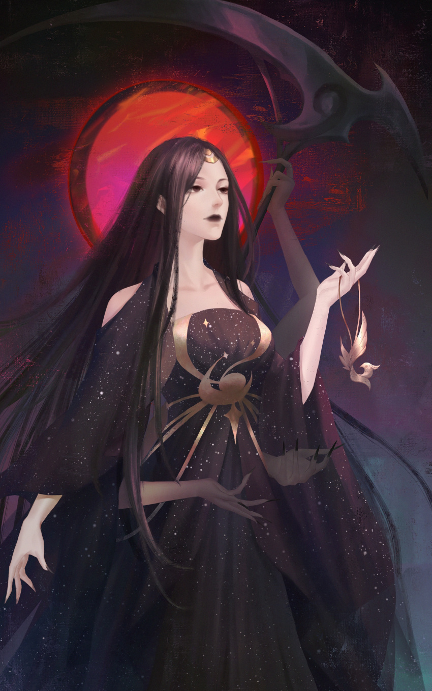 1girl absurdres arm_up black_dress black_hair breasts chinese_commentary cleavage commentary_request dress ears empty_eyes evernight_goddess extra_arms goddess halo hand_up highres lips long_dress long_hair looking_up lord_of_the_mysteries moon nail_polish night night_sky red_moon renshengruxi310 scythe sky solo tiara