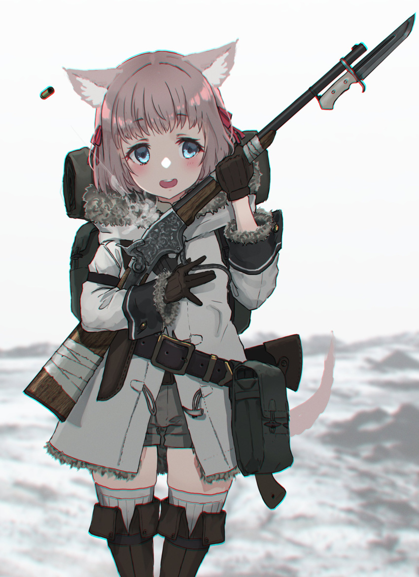 1girl absurdres animal_ears antique_firearm axe backpack bag bayonet belt blue_eyes blurry blurry_background boots casing_ejection cat_ears chromatic_aberration commentary fur_trim gloves gun hatchet_(axe) highres holding holding_gun holding_weapon jacket oota_youjo original peabody_action pouch rifle shell_casing short_hair short_shorts shorts snow solo steam thigh_boots thighhighs weapon