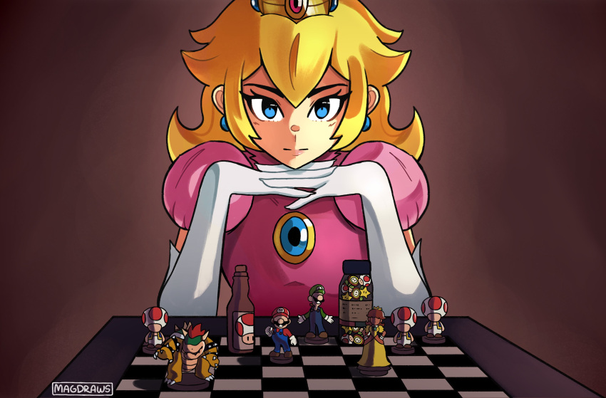 1girl absurdres actor_connection anya_taylor-joy artist_name bangs blonde_hair bottle bowser chessboard dress earrings fire_flower gloves hair_behind_ear highres jewelry long_hair looking_at_viewer luigi mag_(magdraws) mario mario_(series) mushroom parody pink_dress princess_daisy princess_peach solo starman_(mario) super_mario_bros._(2022_film) the_queen's_gambit toad_(mario) voice_actor_connection white_gloves