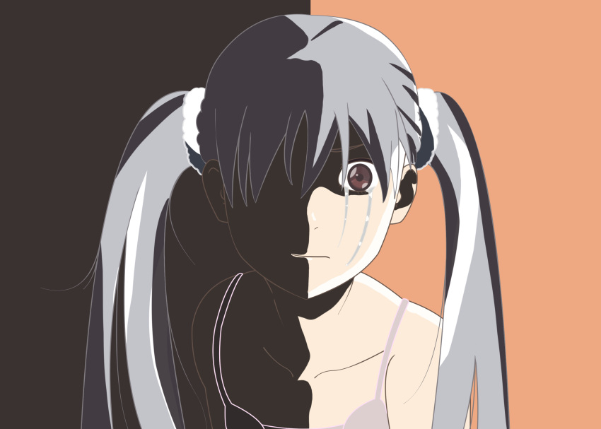 1girl :| bangs bare_shoulders black_background brown_eyes close-up closed_mouth collarbone commentary crying crying_with_eyes_open dress furrowed_brow hair_over_one_eye hair_strand high_contrast highres kasderan leaning_forward long_hair looking_at_viewer mixed-language_commentary monogatari_(series) oikura_sodachi orange_background owarimonogatari portrait scrunchie shaded_face silver_hair sleeveless sleeveless_dress solo spaghetti_strap split_image staring streaming_tears sundress tears twintails upset very_long_hair white_dress white_scrunchie wide-eyed