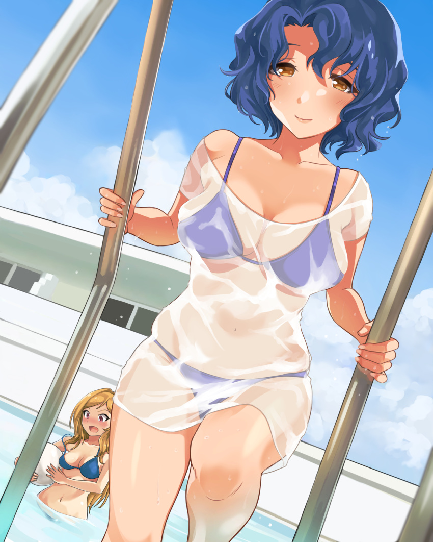 2girls :o absurdres aqua_bikini ball bangs beachball bikini blue_bikini blue_hair blue_sky blush breasts brown_eyes brown_hair cleavage cloud collarbone commentary_request day hanamasa_ono highres idolmaster idolmaster_million_live! in_water light_blush long_hair looking_at_viewer medium_breasts momose_rio multiple_girls navel off-shoulder_shirt off_shoulder open_mouth outdoors parted_bangs pool railing see-through_shirt shirt short_hair sky smile swimsuit toyokawa_fuuka underboob upper_body water water_drop wet wet_clothes wet_shirt