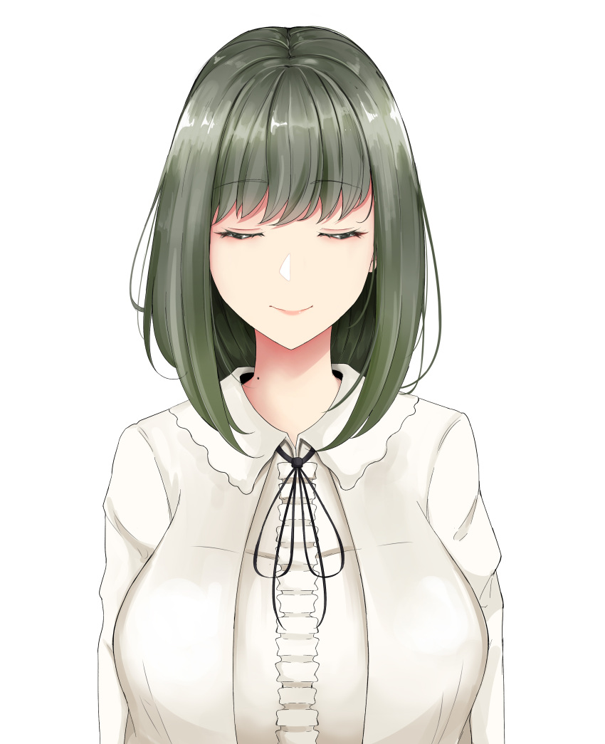 1girl absurdres bangs black_ribbon blouse bob_cut breasts closed_eyes closed_mouth eyebrows_visible_through_hair eyelashes facing_viewer flowers_(innocent_grey) green_hair hair_strand highres huge_breasts lips medium_hair mole mole_on_neck neck_ribbon noocmi ribbon simple_background smile solo takasaki_chidori upper_body white_background white_blouse