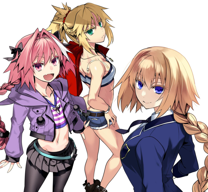 1boy 2girls astolfo_(fate) bandeau bangs bare_shoulders blonde_hair blue_eyes bow braid braided_ponytail breasts cutoffs fate/apocrypha fate_(series) french_braid green_eyes hair_bow hair_intakes hair_ornament hair_scrunchie highres ishida_akira jacket jeanne_d'arc_(fate) large_breasts long_hair long_sleeves looking_at_viewer mordred_(fate) mordred_(fate/apocrypha) multicolored_hair multiple_girls open_mouth otoko_no_ko pantyhose parted_bangs pink_hair ponytail purple_eyes scrunchie sidelocks skirt small_breasts smile streaked_hair very_long_hair white_hair