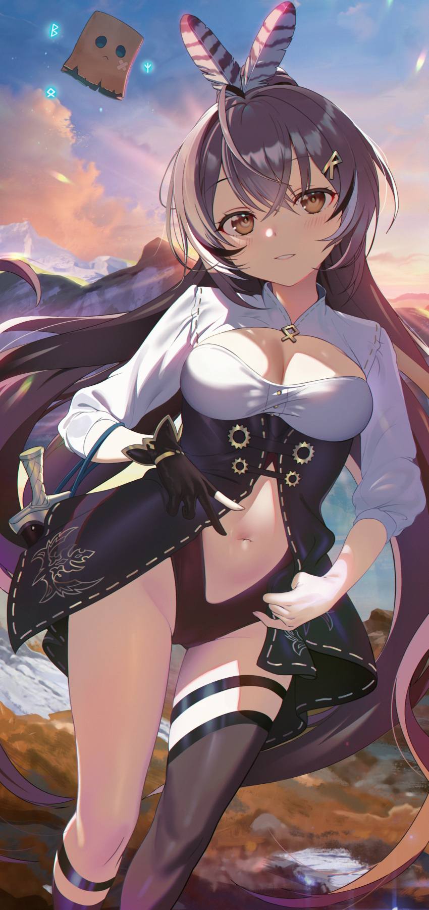 1girl absurdres asymmetrical_legwear breasts brown_eyes brown_hair cleavage commentary corset dagger eyebrows_visible_through_hair feather_hair_ornament feathers friend_(nanashi_mumei) gloves hair_ornament hairclip highres hololive hololive_english knife long_hair medium_breasts midriff mountain nanashi_mumei navel no_pants parted_lips partially_fingerless_gloves ponytail seicoh sheath sheathed single_glove single_thighhigh smile solo sunset symbol-only_commentary thighhighs very_long_hair virtual_youtuber weapon