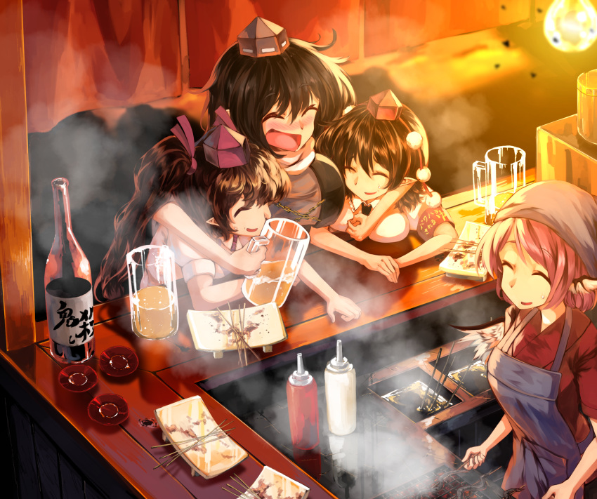 4girls alcohol apron beer beer_mug bird_wings black_hair blush bottle breasts brown_hair choko_(cup) chopsticks cup drunk geta glass hand_on_another's_shoulder hat highres himekaidou_hatate iizunamaru_megumu japanese_clothes large_breasts mug multiple_girls mystia_lorelei nervous_smile okamisty open_mouth plate pointy_ears pom_pom_(clothes) puffy_short_sleeves puffy_sleeves sake_bottle shameimaru_aya shirt short_sleeves shoulder_guard smoke sunyup sweatdrop tengu tengu-geta tokin_hat touhou turtleneck twintails white_shirt wings youkai