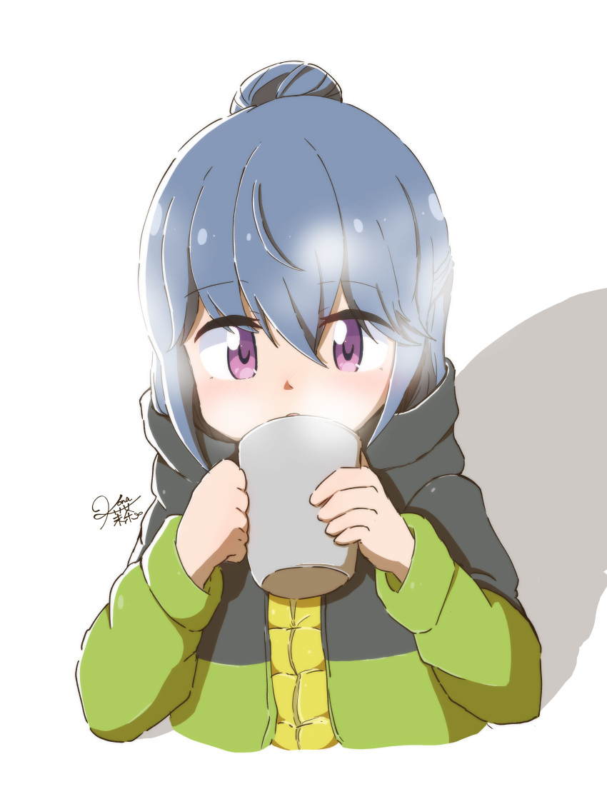 1girl absurdres bangs blue_hair commentary_request cropped_torso cup eyebrows_visible_through_hair eyes_visible_through_hair hair_between_eyes hair_bun highres holding holding_cup jacket kona_kuzu mug multicolored_clothes multicolored_jacket purple_eyes shadow shima_rin signature simple_background solo two-tone_jacket white_background yurucamp