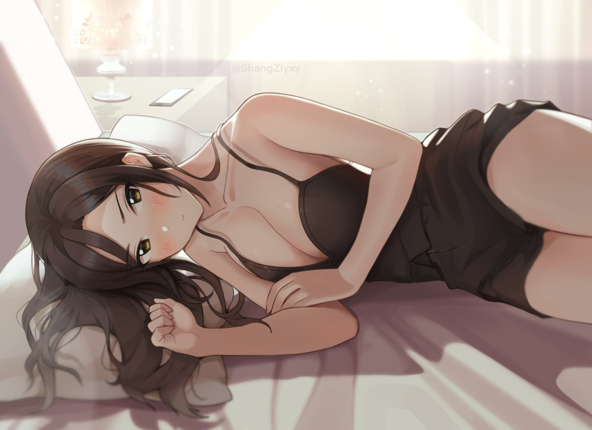 1girl backlighting bangs bare_arms bare_shoulders bed_sheet black_shorts blush breasts brown_eyes brown_hair camisole cellphone cleavage closed_mouth collarbone commentary desk_lamp eyebrows_visible_through_hair hand_on_own_arm high-waist_shorts highres idolmaster idolmaster_cinderella_girls indoors lamp large_breasts long_hair looking_at_viewer lying mukai_takumi nightstand on_bed on_side parted_bangs phone pilot_suit shangzi shorts side_ponytail sleeveless smartphone solo twitter_username