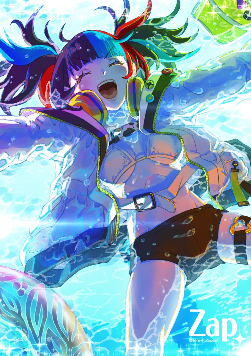 1girl :d absurdres afloat artist_name bike_shorts bikini black_hair black_shorts blue_hair breasts breasts_apart closed_eyes commentary_request fate/grand_order fate_(series) headphones headphones_around_neck highres jacket long_hair lying multicolored_hair open_mouth red_hair sei_shounagon_(fate) sei_shounagon_(swimsuit_berserker)_(fate) shorts smile solo swimsuit thigh_strap twintails twitter_username water white_bikini white_jacket zap