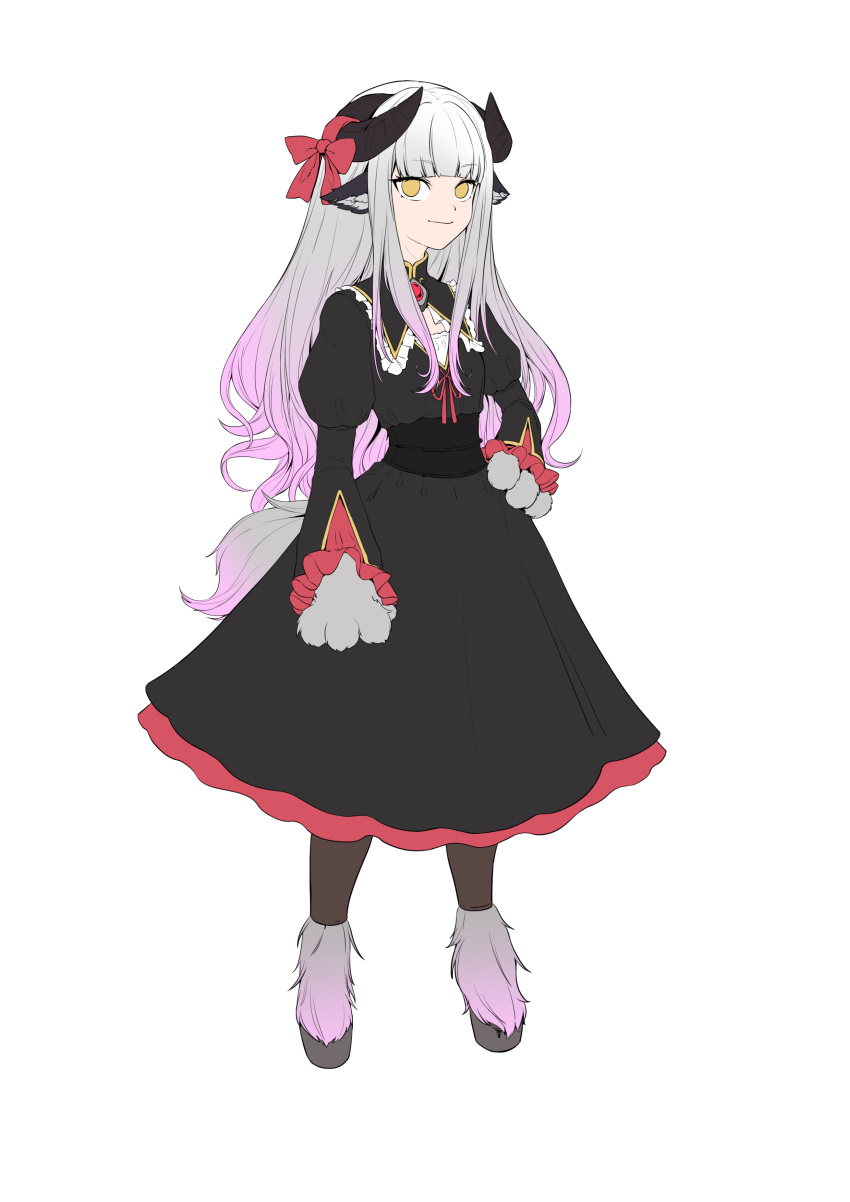 1girl absurdres animal_ears animal_hands archived_source artist_request baphomet_(monster_girl_encyclopedia) black_dress bow brown_legwear closed_mouth commission dress fewer_digits full_body gradient_hair hand_on_hip highres hooves horn_bow horn_ornament horns juliet_sleeves liselotte_(alazif) long_hair long_sleeves looking_at_viewer monster_girl monster_girl_encyclopedia multicolored_hair original pantyhose puffy_sleeves purple_hair red_bow second-party_source sheep_ears sheep_horns simple_background smile solo tail white_background yellow_eyes