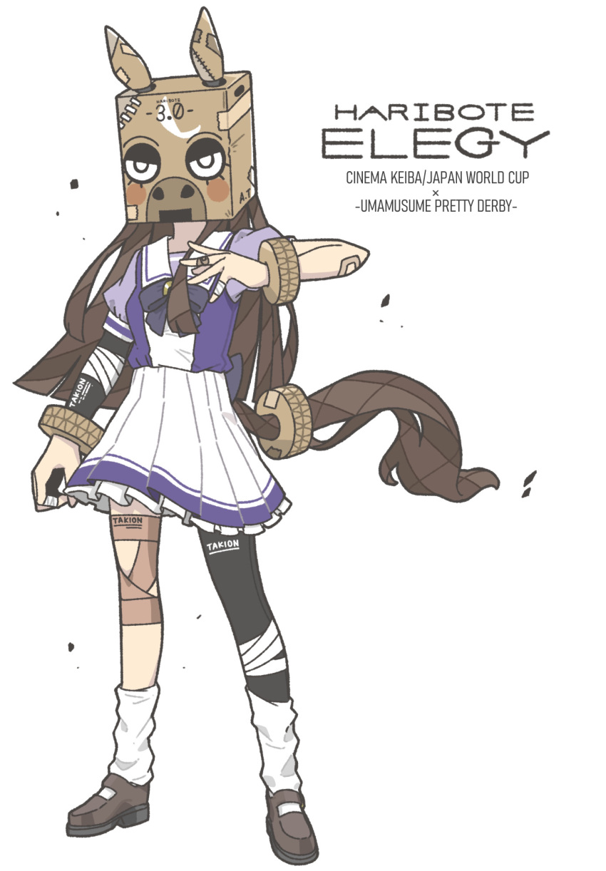 1girl bandaged_fingers bandages bandaid bandaid_on_arm bandaid_on_hand bow bowtie brown_footwear brown_hair fake_tail frilled_skirt frills haribote_elegy highres horse_mask horse_tail horseshoe_ornament jaggy_line japan_world_cup kneehighs koppe_(sbbtpp64) loafers loose_socks mask personification pleated_skirt puffy_short_sleeves puffy_sleeves purple_bow purple_bowtie purple_shirt sailor_collar sailor_shirt school_uniform shirt shoes short_sleeves simple_background single_leg_pantyhose skirt solo summer_uniform tail tracen_school_uniform umamusume white_background white_legwear white_skirt