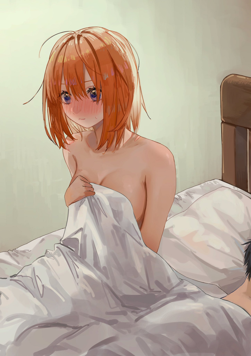 1boy 1girl after_sex awake bed_sheet black_hair blue_eyes blush breasts commentary covering covering_breasts go-toubun_no_hanayome hair_between_eyes hetero highres large_breasts memidesuyo messy_hair nakano_yotsuba naked_sheet nude nude_cover on_bed orange_hair out_of_frame pillow short_hair sitting sleeping sweatdrop symbol-only_commentary uesugi_fuutarou