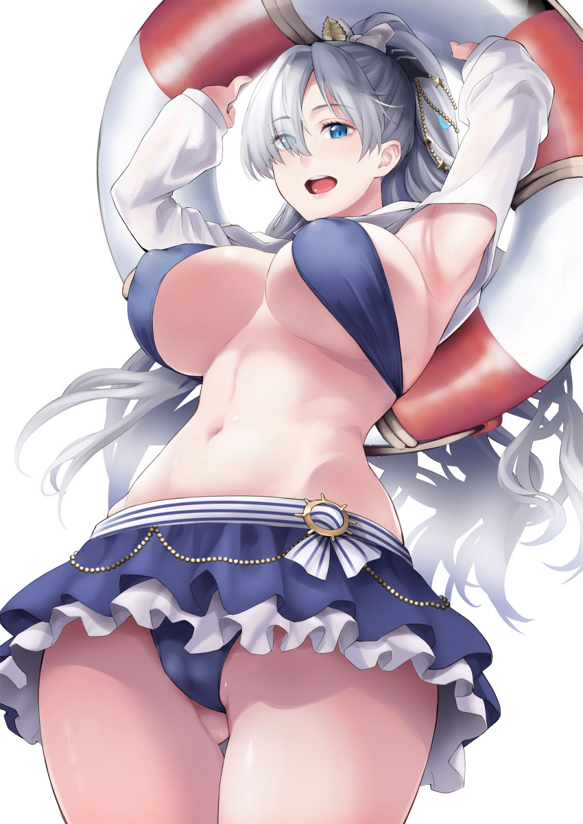 1girl anastasia_(fate) anastasia_(swimsuit_archer)_(fate) armpits arms_behind_head arms_up ass_visible_through_thighs bangs bare_shoulders bikini blue_bikini blue_eyes blue_skirt blush bow breasts cleavage collarbone covered_nipples eyebrows_visible_through_hair fate/grand_order fate_(series) hair_bow hair_over_one_eye highres innertube jewelry large_breasts long_hair long_sleeves looking_at_viewer miniskirt navel necklace open_mouth ponytail puffy_long_sleeves puffy_sleeves silver_hair skirt smile soba_(saz) solo swimsuit thighs tongue very_long_hair