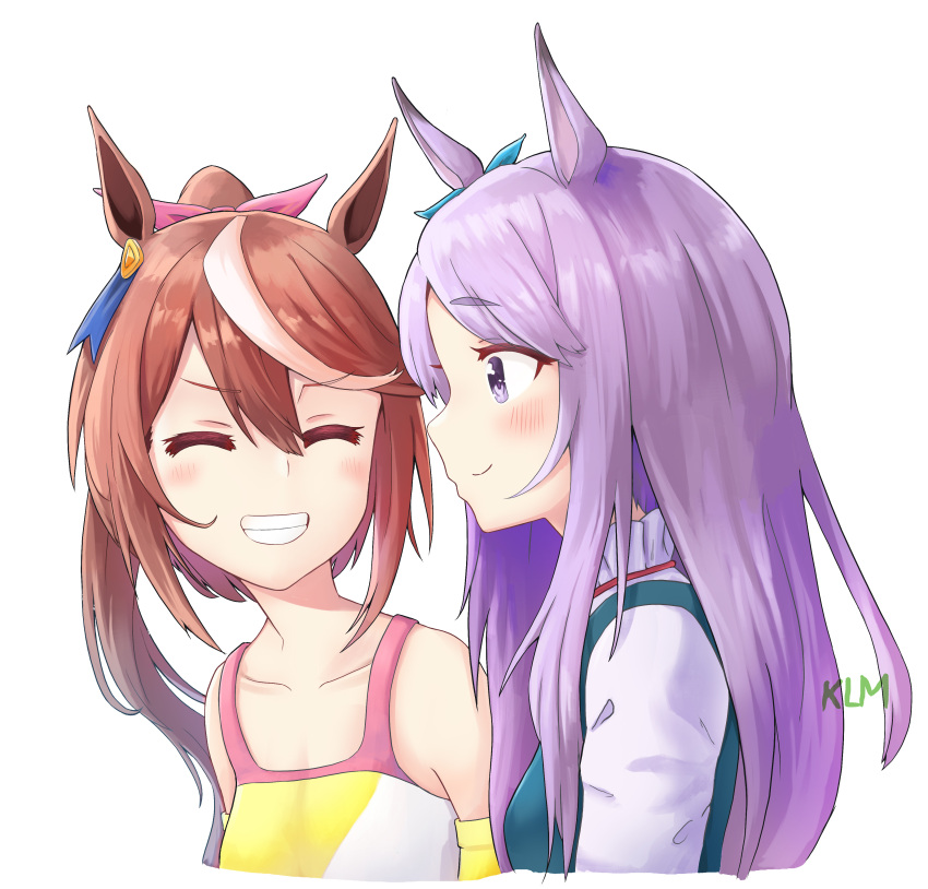 2girls ^_^ absurdres animal_ears blush brown_hair closed_eyes closed_mouth ear_ribbon facing_another grin highres horse_ears horse_girl horse_tail jtleeklm looking_at_another mejiro_mcqueen_(umamusume) multiple_girls open_mouth purple_hair shirt simple_background smile tail tokai_teio_(umamusume) umamusume white_background yellow_shirt