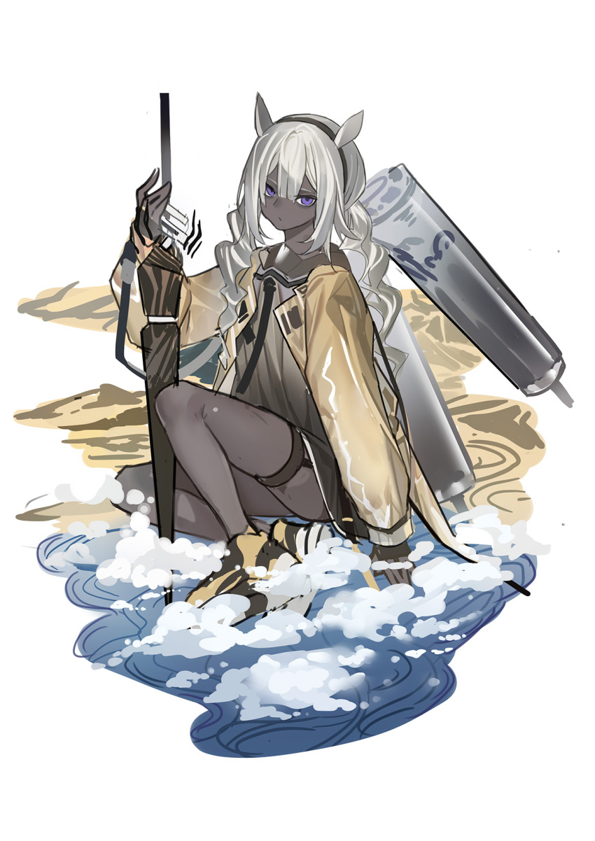 1girl animal_ears arknights black_footwear brown_shirt camel_ears commentary dark-skinned_female dark_skin drill_hair echj full_body grey_hair hair_between_eyes highres holding holding_umbrella jacket knee_up long_hair looking_at_viewer open_clothes open_jacket purple_eyes shirt shoes simple_background sitting solo thigh_strap tuye_(arknights) twin_drills umbrella very_dark_skin white_background yellow_jacket zebra_ears
