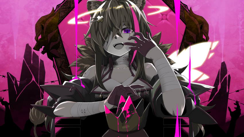 1girl :d animal_ear_fluff animal_ears bandage_over_one_eye bandaged_arm bandages bangs barbed_wire black_hair broken_heart brown_gloves collarbone commentary_request crown eyebrows_visible_through_hair finger_in_mouth gloves hair_ornament hair_over_one_eye hairclip half_gloves heart heart-shaped_pupils highres indie_virtual_youtuber king_(vocaloid) looking_at_viewer mizunashi_(second_run) multicolored_hair open_mouth pink_hair purple_eyes shirakumo_mame short_sleeves smile solo streaked_hair symbol-shaped_pupils throne upper_body virtual_youtuber x_hair_ornament