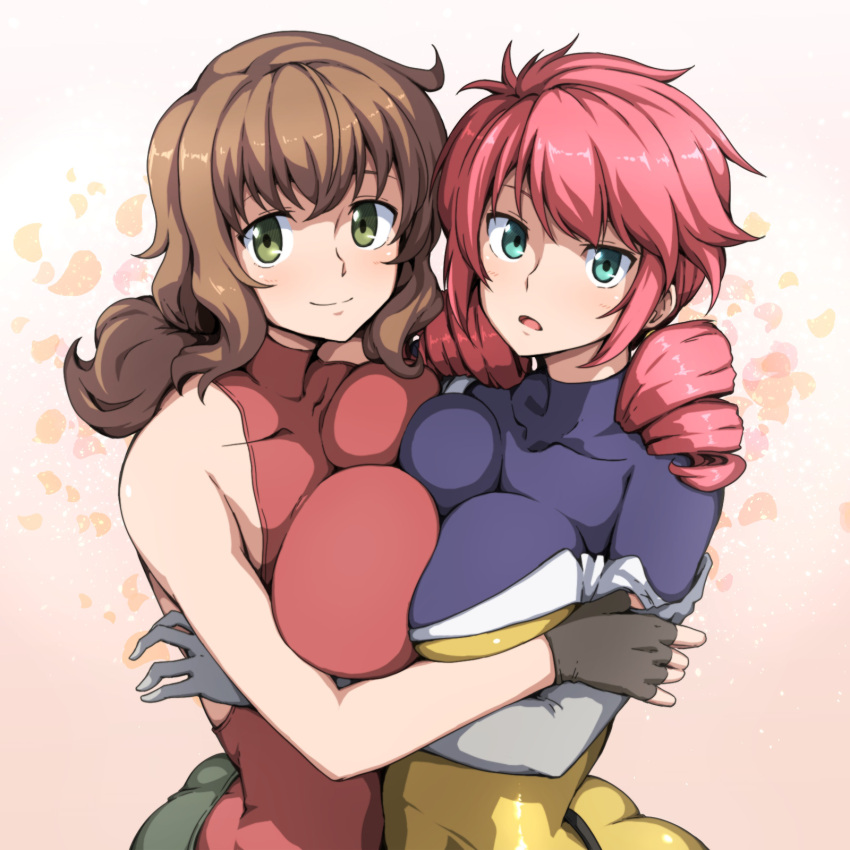 2girls ass blush bodysuit breast_press breasts brown_hair christina_sierra drill_hair feldt_grace green_eyes gundam gundam_00 highres hug large_breasts long_hair looking_at_viewer multiple_girls pink_hair ponytail runaru shiny shiny_hair skin_tight smile symmetrical_docking twin_drills yellow_bodysuit