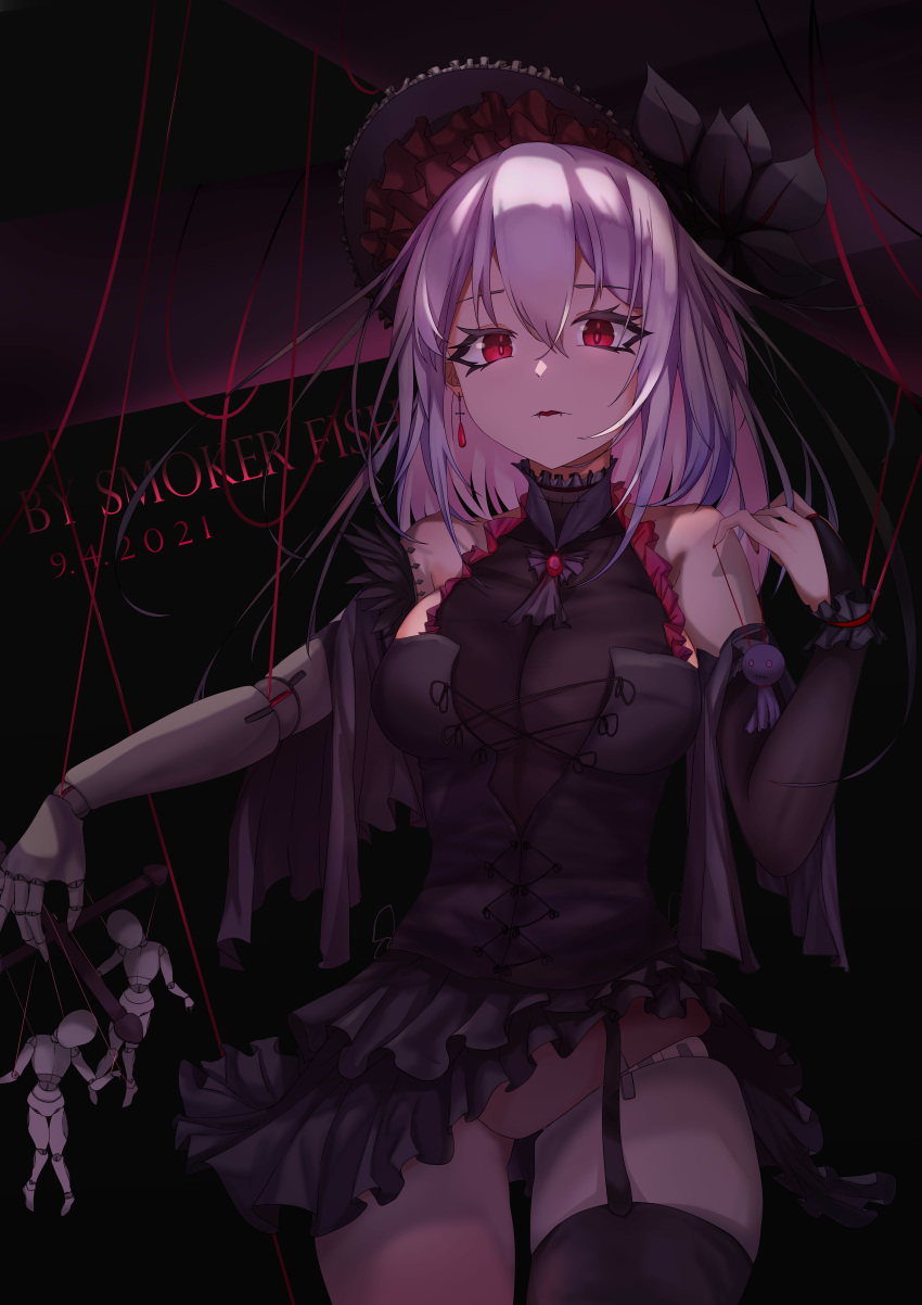 1girl absurdres artist_name black_dress black_skirt breasts bridal_gauntlets closed_mouth dated doll doll_joints dress ears hair_between_eyes highres joints looking_at_viewer original red_eyes skirt smoker_fish thighs vampire white_hair