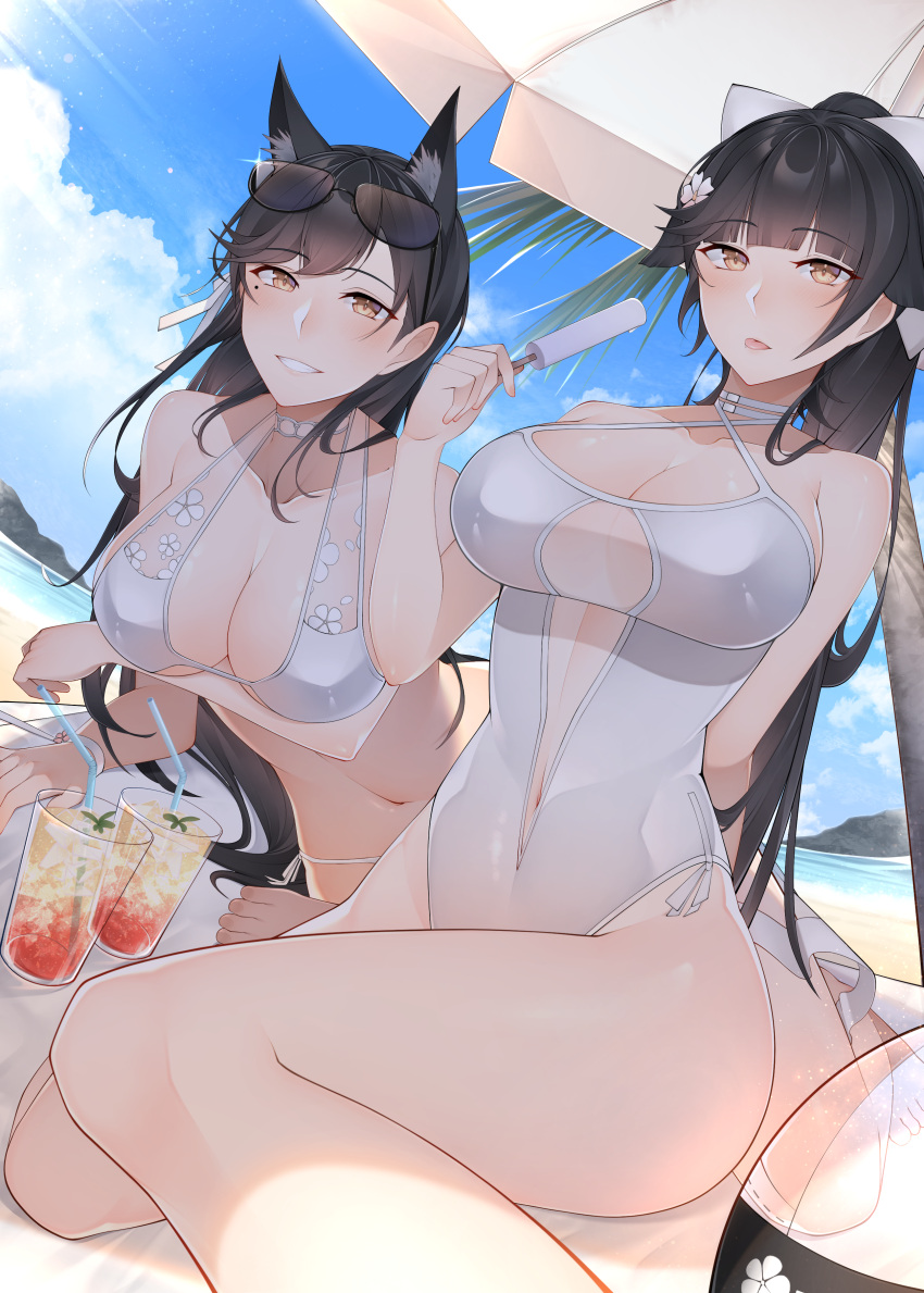 2girls absurdres animal_ears atago_(azur_lane) atago_(summer_march)_(azur_lane) azur_lane beach beach_umbrella bikini black_hair blue_sky breasts brown_eyes casual_one-piece_swimsuit chichikoucha cleavage cloud commentary_request day dog_ears drink dutch_angle extra_ears eyewear_on_head feet_out_of_frame fisheye highres large_breasts long_hair multiple_girls official_alternate_costume one-piece_swimsuit outdoors sky sunglasses swimsuit takao_(azur_lane) takao_(beach_rhapsody)_(azur_lane) umbrella water white_bikini white_umbrella