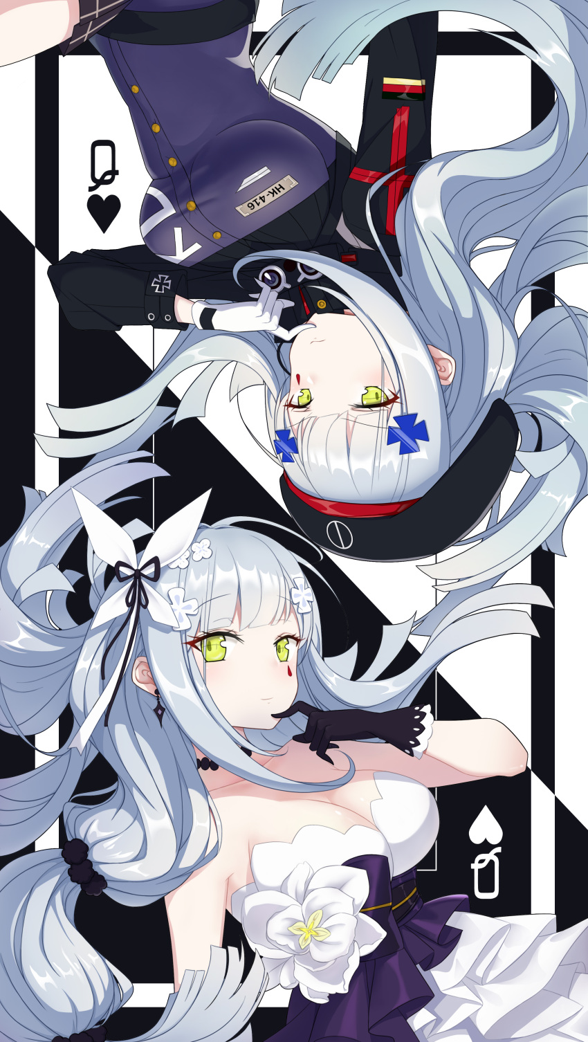 2girls absurdres bangs beret black_gloves black_headwear breasts card cleavage closed_mouth dian_mianyang_yyq dress dual_persona german_flag girls'_frontline gloves green_eyes hair_between_eyes hair_ornament hand_on_own_chin hat highres hk416_(girls'_frontline) id_card long_hair long_sleeves looking_at_viewer multiple_girls playing_card sleeveless sleeveless_dress smile white_gloves white_hair