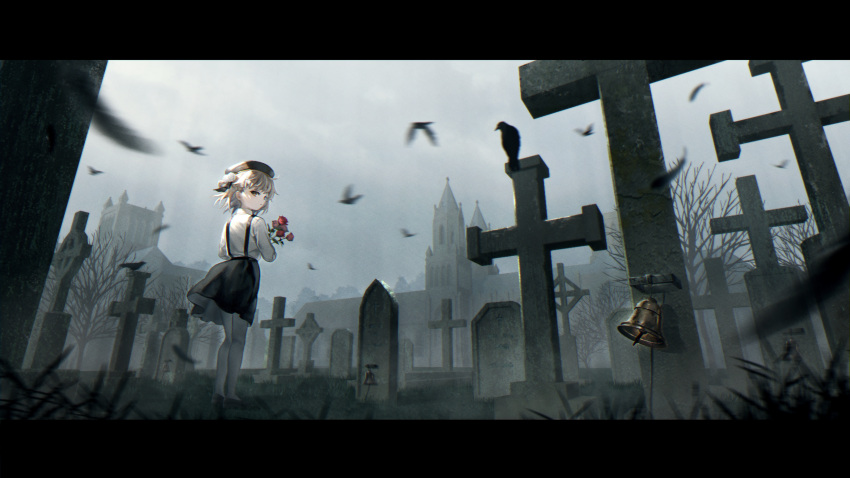 1girl absurdres bell bird church cross crow feather-trimmed_sleeves flower graveyard hatoba_tsugu highres mikemomonga red_flower red_rose rose skirt suspender_skirt suspenders tombstone tsugu_(vtuber)