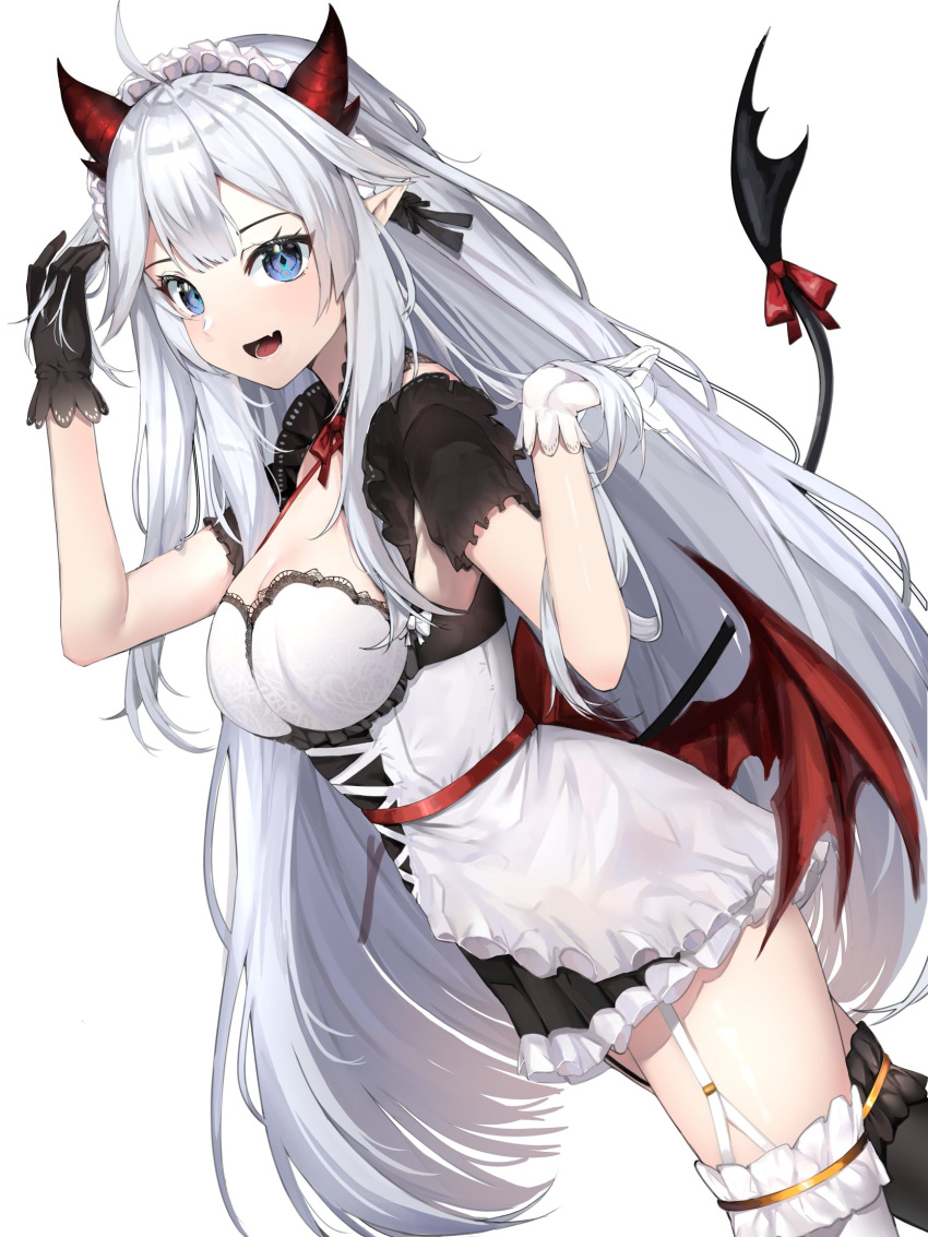 1girl ahoge asymmetrical_gloves asymmetrical_legwear bangs black_gloves black_legwear black_ribbon blue_eyes blush breasts cleavage commentary cowboy_shot demon_girl demon_horns dress fang frilled_dress frills gloves grey_hair hair_ribbon hands_up highres horns large_breasts long_hair looking_at_viewer lower_teeth maid_headdress mismatched_gloves mismatched_legwear neck_ribbon pointy_ears red_horns red_ribbon ribbon short_sleeves simple_background smile solo suzuharu_toufu tail tail_ornament tail_ribbon teeth thigh_strap vei_(vtuber) virtual_youtuber vshojo white_background white_gloves white_legwear