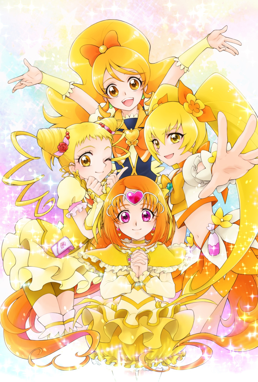 4girls :d aizen_(syoshiyuki) arms_up bike_shorts blonde_hair bow brooch brown_eyes bubble_skirt capelet circlet closed_mouth color_connection crop_top cure_honey cure_lemonade cure_muse_(yellow) cure_sunshine double_bun drill_hair flower frilled_capelet frills hair_between_eyes hair_bow hair_flower hair_ornament happinesscharge_precure! heart heart_hair_ornament heartcatch_precure! highres jewelry kasugano_urara_(yes!_precure_5) long_hair looking_at_viewer magical_girl midriff multiple_girls myoudouin_itsuki navel one_eye_closed oomori_yuuko open_mouth orange_bow orange_hair orange_skirt outstretched_hand own_hands_clasped own_hands_together pink_eyes pouch precure rainbow_background shirabe_ako shorts shorts_under_skirt skirt smile sparkle sparkle_background starry_background suite_precure thighhighs twin_drills vest wrist_cuffs yellow_bow yellow_capelet yellow_eyes yellow_shorts yellow_skirt yellow_vest yes!_precure_5 yes!_precure_5_gogo!