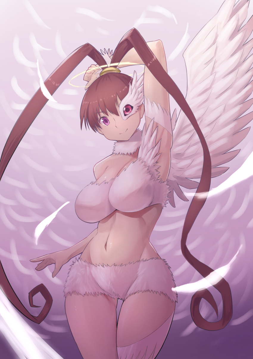 1girl absurdres alternate_breast_size amano_nene angel_wings arm_behind_head arm_up armpits bare_shoulders breasts brown_hair cleavage closed_mouth collar commentary cowboy_shot digimon digimon_(creature) digimon_xros_wars eyebrows_visible_through_hair feathered_wings feathers floating fur_bikini fur_collar groin hair_between_eyes halo heterochromia high_ponytail highres large_breasts long_hair looking_at_viewer luminamon midriff natsuishi_nana navel pink_background purple_eyes red_eyes single_wing smile solo split_ponytail thigh_gap white_collar white_fur wings