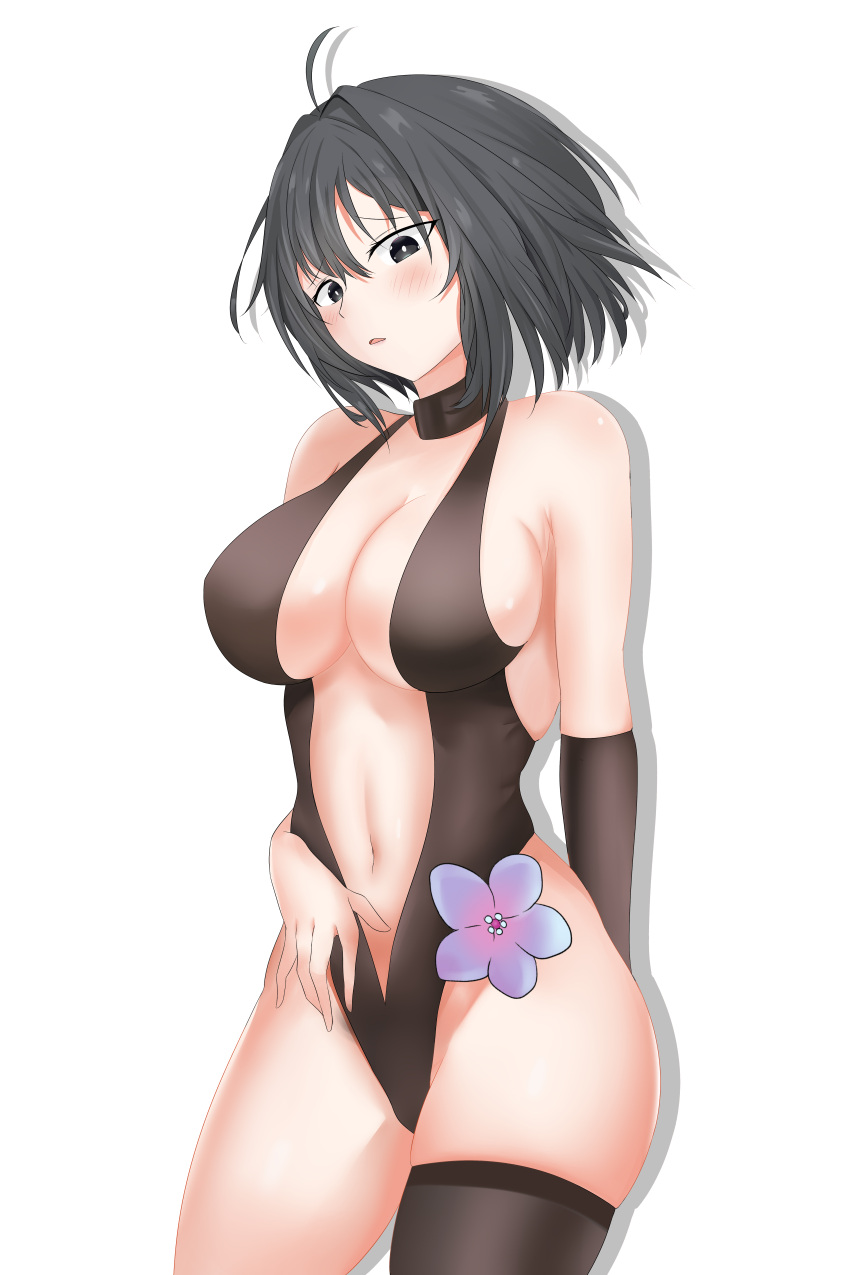 1girl absurdres ahoge alternate_costume arknights bangs bare_shoulders black_choker black_eyes black_hair black_legwear black_leotard blush breasts choker commentary_request cowboy_shot drop_shadow groin highres katyusha_(2327119280) la_pluma_(arknights) large_breasts leotard looking_at_viewer navel parted_lips short_hair simple_background single_thighhigh solo standing stomach thighhighs thighs white_background