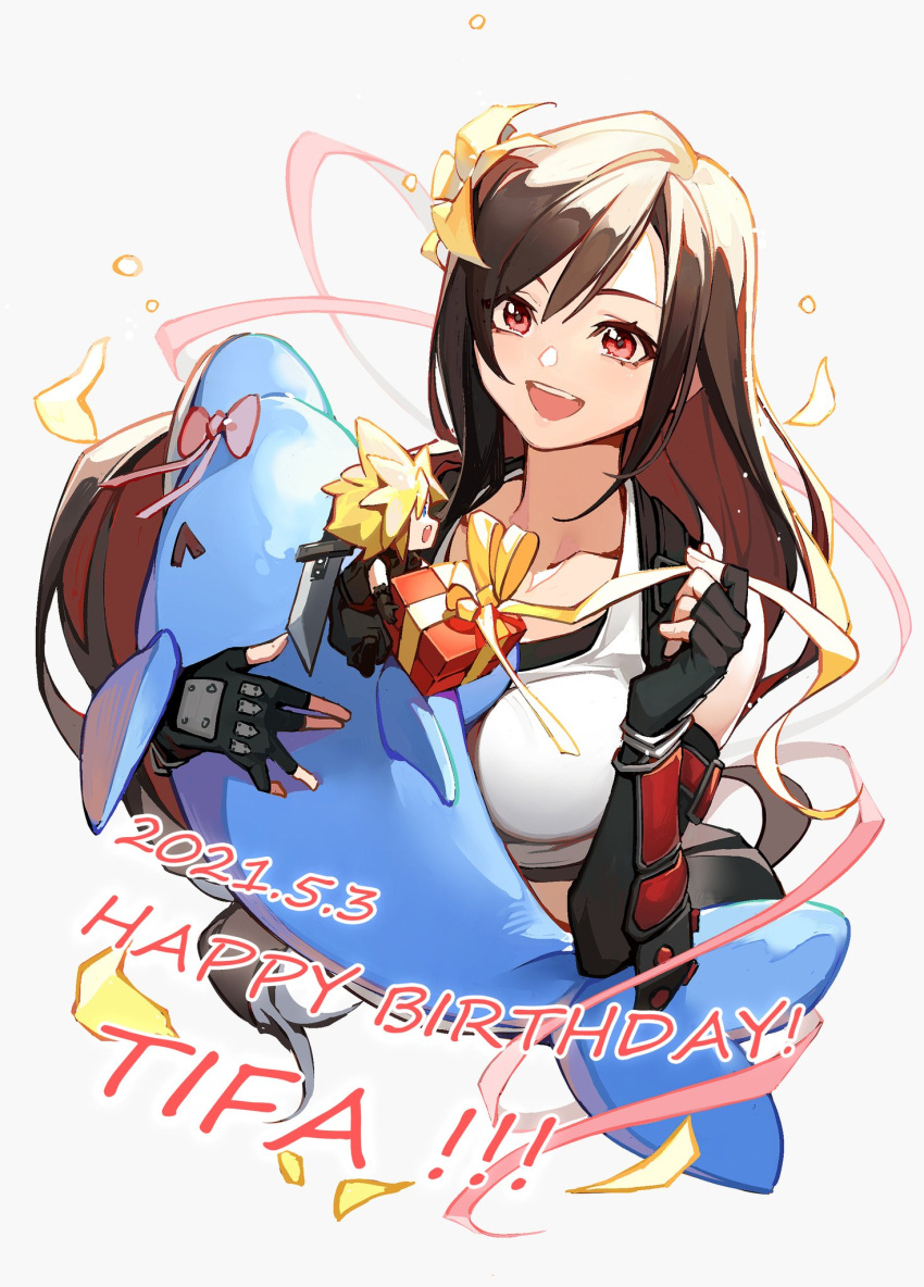 1girl arm_guards bangs bow box brown_hair chibi cloud_strife collarbone crop_top crow0cc dated dolphin eyebrows final_fantasy final_fantasy_vii final_fantasy_vii_remake fingerless_gloves flower gift gift_box gloves hair_flower hair_ornament happy happy_birthday highres holding holding_stuffed_toy lily_(flower) long_hair open_mouth pink_bow red_eyes ribbon solo stuffed_animal stuffed_toy suspenders swept_bangs tank_top tifa_lockhart unwrapping upper_body white_background white_tank_top