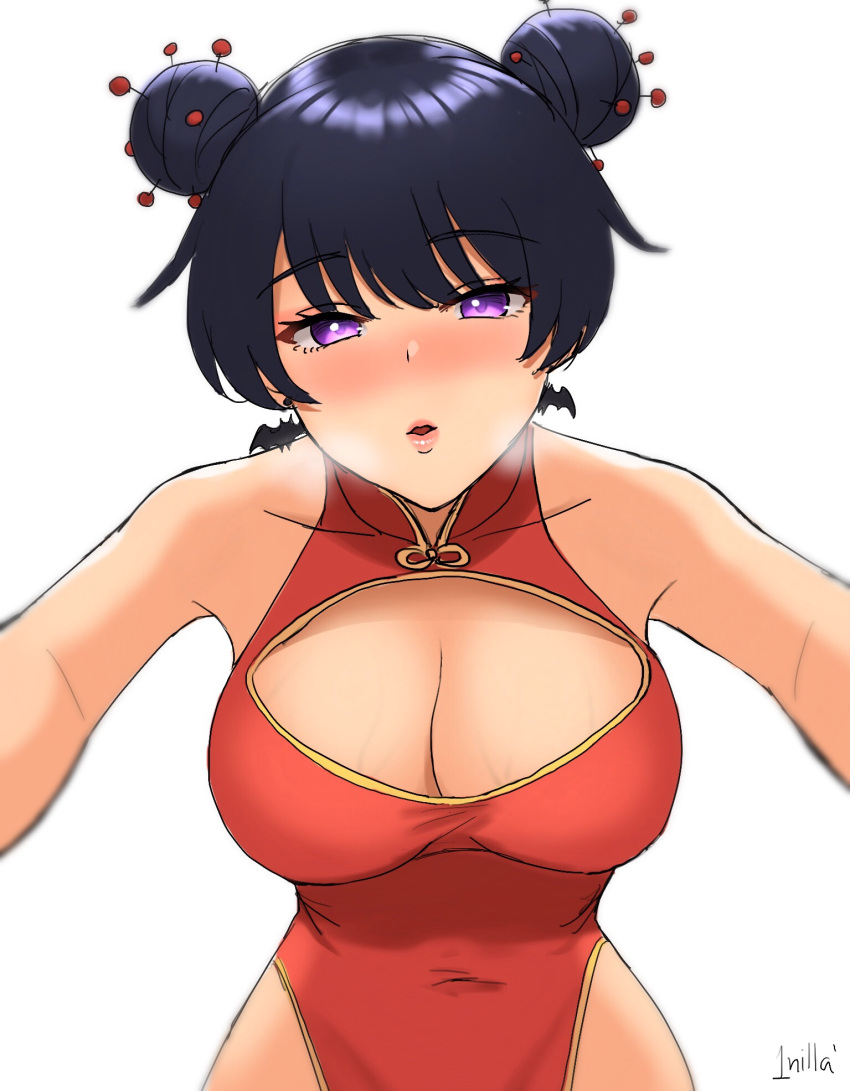 1girl 1nilla' artist_name bat_earrings black_hair blush breasts breath chinese_clothes cleavage cleavage_cutout clothing_cutout commentary corona-chan covered_navel double_bun dress earrings english_commentary hair_ornament hairpin highres incoming_kiss jewelry large_breasts lipstick looking_at_viewer makeup nose_blush original pov purple_eyes pursed_lips red_dress short_hair simple_background solo upper_body white_background