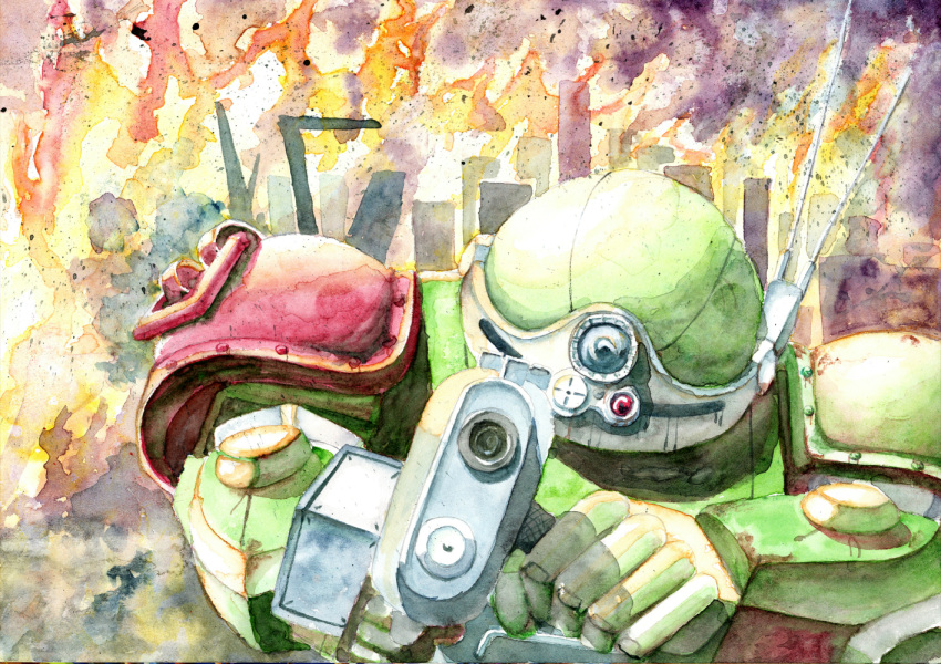 aiming_at_viewer emanon_(9988emanon) fire gun holding holding_gun holding_weapon mecha no_humans painting_(medium) portrait radio_antenna science_fiction scopedog solo soukou_kihei_votoms traditional_media watercolor_(medium) weapon