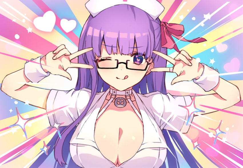 1girl bangs bb_(bb_shot!)_(fate) bb_(fate) black-framed_eyewear blush breasts choker cleavage closed_mouth collarbone double_w dress emotional_engine_-_full_drive fate/extra fate/extra_ccc fate/grand_order fate_(series) glasses hair_ribbon hands_up hat heart heart-shaped_pupils large_breasts licking_lips long_hair looking_at_viewer nurse nurse_cap one_eye_closed parody partially_unbuttoned pink_ribbon purple_eyes purple_hair rainbow_background ribbon semi-rimless_eyewear short_sleeves smile solo sparkle symbol-shaped_pupils tongue tongue_out very_long_hair vivi_(eve_no_hakoniwa) w white_choker white_dress white_headwear wrist_cuffs