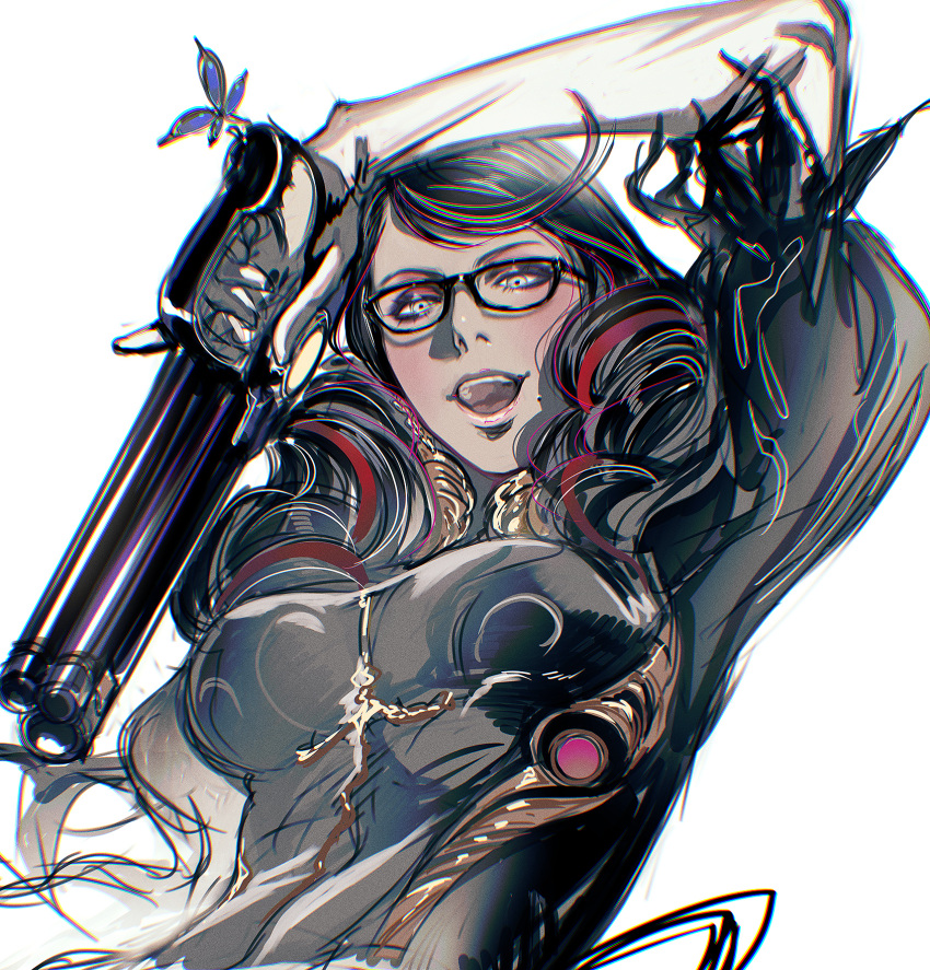 1girl bayonetta bayonetta_(series) bayonetta_3 black_hair braid clothing_cutout earrings glasses gloves gun highres jewelry lipstick long_hair looking_at_viewer makeup mole mole_under_mouth multicolored_hair red_hair ribbon simple_background smile solo streaked_hair twin_braids weapon wolfina