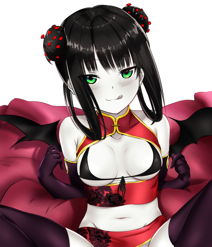 1girl :p bangs bat_wings bikini black_bra black_hair blush bra breasts chinese_clothes colored_skin commentary corona-chan double_bun elbow_gloves english_commentary feet_out_of_frame gloves green_eyes grey_skin grey_tongue hair_ornament hairpin highres licking_lips looking_at_viewer lying medium_breasts medium_hair micro_bikini navel on_back open_clothes open_shirt original picantium pillow solo spread_legs swimsuit tongue tongue_out twitter underwear wings