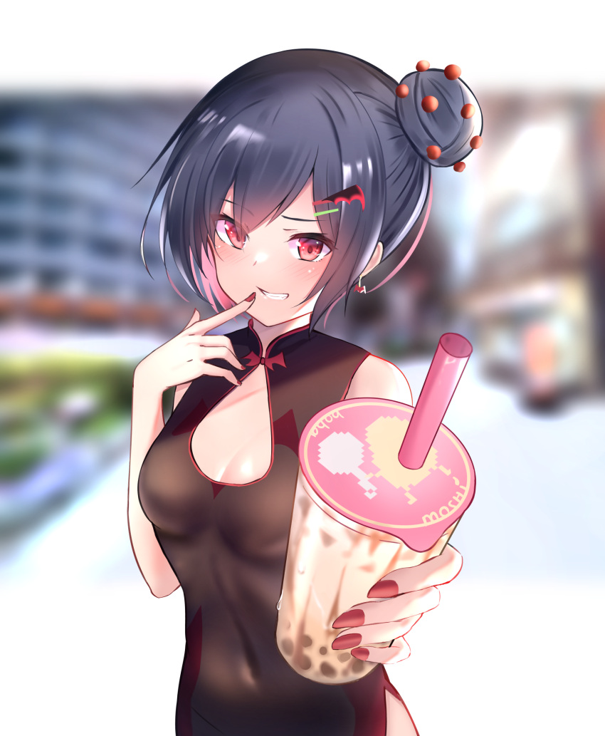 1girl bat_hair_ornament black_dress black_hair breasts bubble_tea china_dress chinese_clothes cleavage commentary corona-chan covered_navel day dress drinking_straw earrings english_commentary finger_to_mouth hair_ornament hairclip hairpin highres incoming_drink indirect_kiss jewelry looking_at_viewer medium_breasts medium_hair moshi_imo multicolored_hair original outdoors pink_hair red_eyes red_nails side_bun sleeveless smirk smug solo standing two-tone_hair upper_body