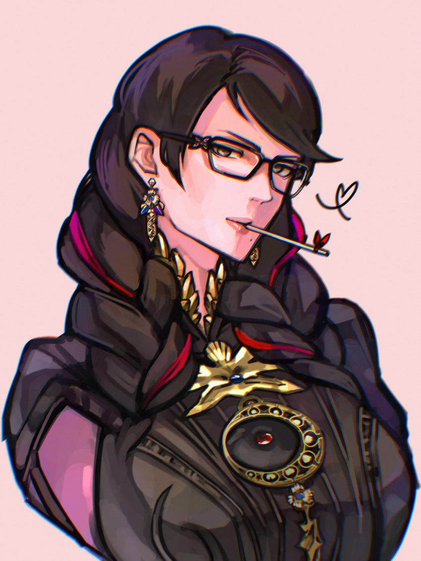 1girl bayonetta bayonetta_(series) bayonetta_3 black_hair braid candy clothing_cutout earrings food glasses gloves highres jewelry lipstick lollipop long_hair looking_at_viewer makeup mole mole_under_mouth multicolored_hair one_eye_closed red_hair simple_background smile solo streaked_hair syachiiro twin_braids weapon