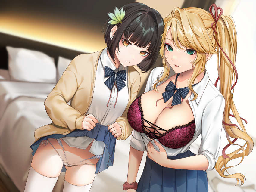 2girls absurdres arm_at_side ass_visible_through_thighs bangs bed bed_sheet bedroom blonde_hair blue_bow blue_bowtie blue_skirt blunt_bangs blush bow bowtie bra breasts brown_cardigan brown_hair buttons cardigan carrot_(robosquat) cleavage closed_mouth clothes_lift clothes_pull collarbone collared_shirt cowboy_shot curtains dress_shirt eyebrows_visible_through_hair eyelashes fingernails frilled_panties frills green_eyes hair_between_eyes hair_intakes hair_ornament hair_ribbon highleg highres indoors lace lace-trimmed_bra lace_bra lace_trim large_breasts leaf_hair_ornament lifted_by_self long_fingernails long_hair long_sleeves looking_at_viewer makeup mascara miniskirt multiple_girls nail_polish neck_ribbon non-web_source on_bed one_side_up open_cardigan open_clothes open_shirt original panties parted_lips partially_unbuttoned pillow pink_nails pleated_skirt pulled_by_self purple_bra red_neckwear red_ribbon red_scrunchie ribbon school_uniform scrunchie shirt shirt_pull short_hair side-by-side side-tie_panties sidelocks skindentation skirt skirt_lift sleeves_past_wrists sleeves_rolled_up small_breasts smile standing string_panties striped striped_bow striped_bowtie thighhighs unbuttoned unbuttoned_shirt undershirt underwear very_long_hair white_legwear white_panties white_shirt wing_collar wrist_scrunchie yellow_eyes
