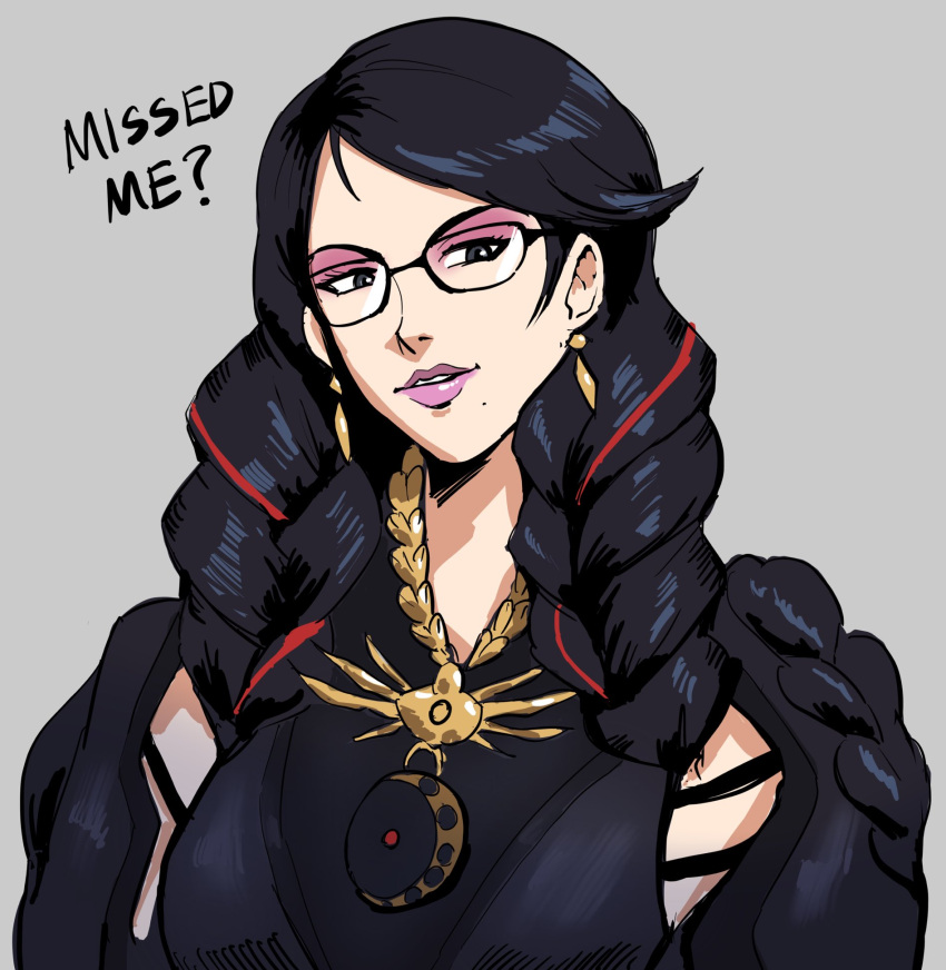 1girl bayonetta bayonetta_(series) bayonetta_3 black_hair braid clothing_cutout earrings francisco_mon glasses gloves highres jewelry lipstick long_hair looking_at_viewer makeup mole mole_under_mouth simple_background solo weapon