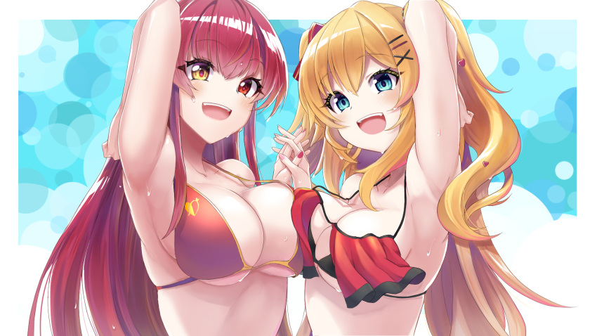 2girls akai_haato aqua_background aqua_eyes arm_up armpits bangs bikini bikini_top blonde_hair blush border breast_press breasts bubble_background collarbone commentary_request eyebrows_visible_through_hair eyelashes frilled_bikini frills gold_trim hair_ornament hairclip heterochromia highres hololive houshou_marine large_breasts long_hair looking_at_viewer multiple_girls ooike_teru open_mouth presenting_armpit red_bikini red_eyes red_hair shiny shiny_hair sidelocks skindentation smile sweatdrop swimsuit symmetrical_docking teeth twintails two_side_up underboob upper_body upper_teeth virtual_youtuber white_border yellow_eyes