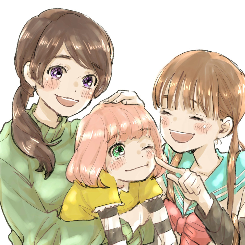 3girls arms_around_waist bangs blue_sailor_collar blunt_bangs blush_stickers bob_cut brown_hair cheek_poking closed_eyes commentary_request dot_nose eyebrows_visible_through_hair eyelashes finger_to_another's_cheek fingernails furrowed_brow green_eyes green_sweater hand_on_another's_head hand_up happy highres holding index_finger_raised kawamoto_akari kawamoto_hinata kawamoto_momo laughing layered_sleeves lineup long_sleeves multiple_girls neck_ribbon one_eye_closed open_mouth orange_hair parted_bangs poking purple_eyes red_ribbon ribbon sailor_collar sakakibara721 sangatsu_no_lion shirt short_over_long_sleeves short_sleeves siblings side_ponytail simple_background sisters smile striped striped_sleeves sweater tareme teeth turtleneck turtleneck_sweater twintails upper_body upper_teeth white_background yellow_shirt