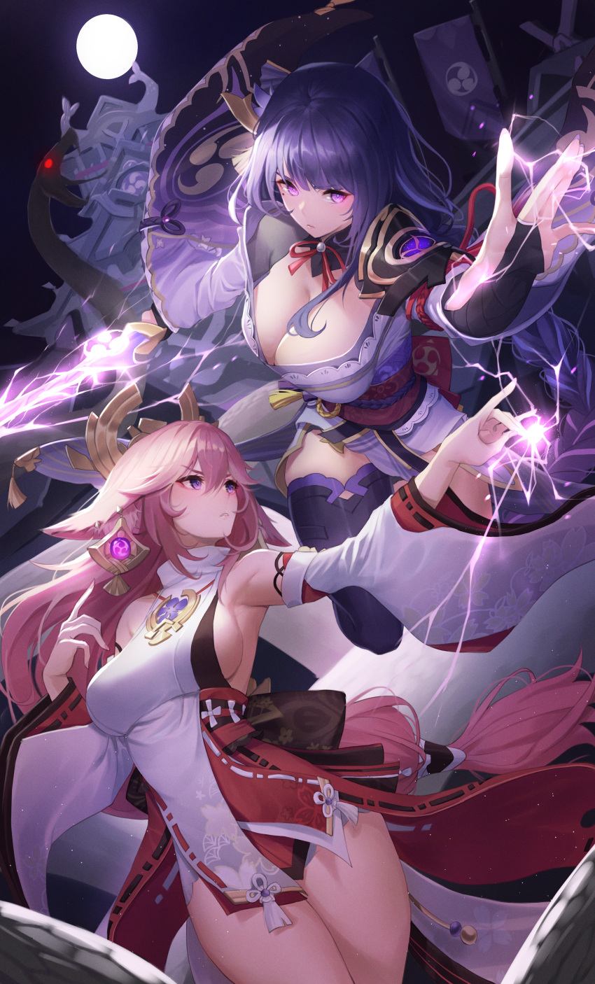 2girls absurdres animal_ears bangs bare_shoulders braid breasts cleavage detached_sleeves electricity fox_ears fox_girl genshin_impact hair_ornament halterneck highres japanese_clothes kimono large_breasts moon moonlight multiple_girls netural outdoors pink_hair ponytail purple_eyes purple_hair purple_legwear raiden_shogun shadow_puppet thighhighs thighs yae_(genshin_impact)