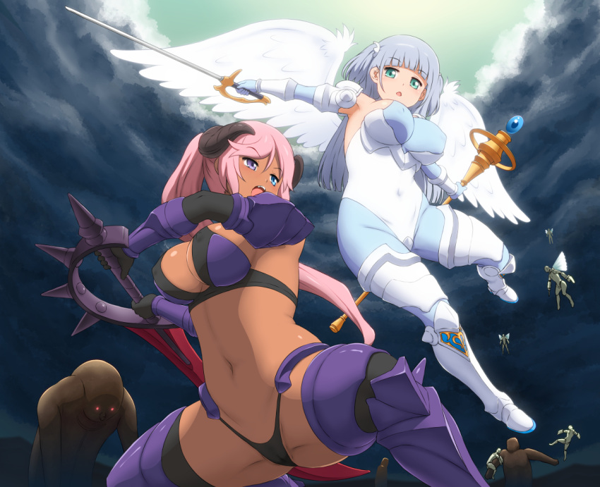 2girls angel_wings anime_coloring armor armored_boots armpits battle black_gloves black_panties blue_eyes blue_gloves blush boots breasts cameltoe capitan_(tsyoujo) covered_navel covered_nipples crotch_plate dark-skinned_female dark_clouds dark_skin demon_girl demon_horns dual_wielding elbow_gloves gloves green_eyes green_sky groin_tendon heterochromia holding horns laplazo_(capitan_(tsyoujo)) large_breasts long_hair monster multiple_girls navel neeya_(capitan_(tsyoujo)) open_mouth original panties pink_hair ponytail purple_eyes rapier revealing_clothes scepter silver_hair skin_tight sword teeth two-handed_sword two_side_up underwear upper_teeth weapon white_wings wings