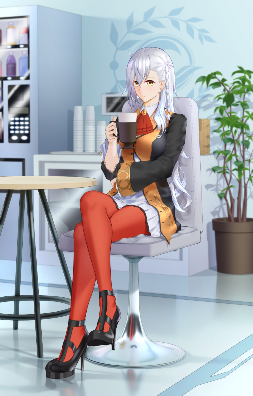 1girl absurdres arm_around_waist ascot ash_(skyafter) black_footwear braid chair coffee_cup crossed_legs cup disposable_cup fate/grand_order fate_(series) frilled_sleeves frills grey_hair hair_between_eyes high_heels highres jacket long_hair looking_at_viewer olga_marie_animusphere pantyhose plant potted_plant red_legwear side_braid skirt solo table vending_machine wicker_basket wide_sleeves yellow_eyes