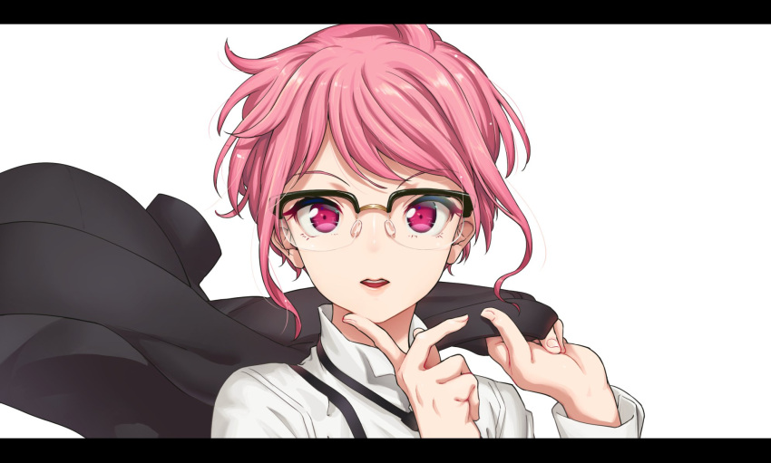 1girl aya_shachou bang_dream! black-framed_eyewear black_necktie finger_to_own_chin glasses highres holding holding_clothes holding_jacket jacket jacket_over_shoulder jacket_removed letterboxed looking_at_viewer maruyama_aya necktie parted_lips pink_hair shirt short_hair simple_background solo upper_body white_background white_shirt