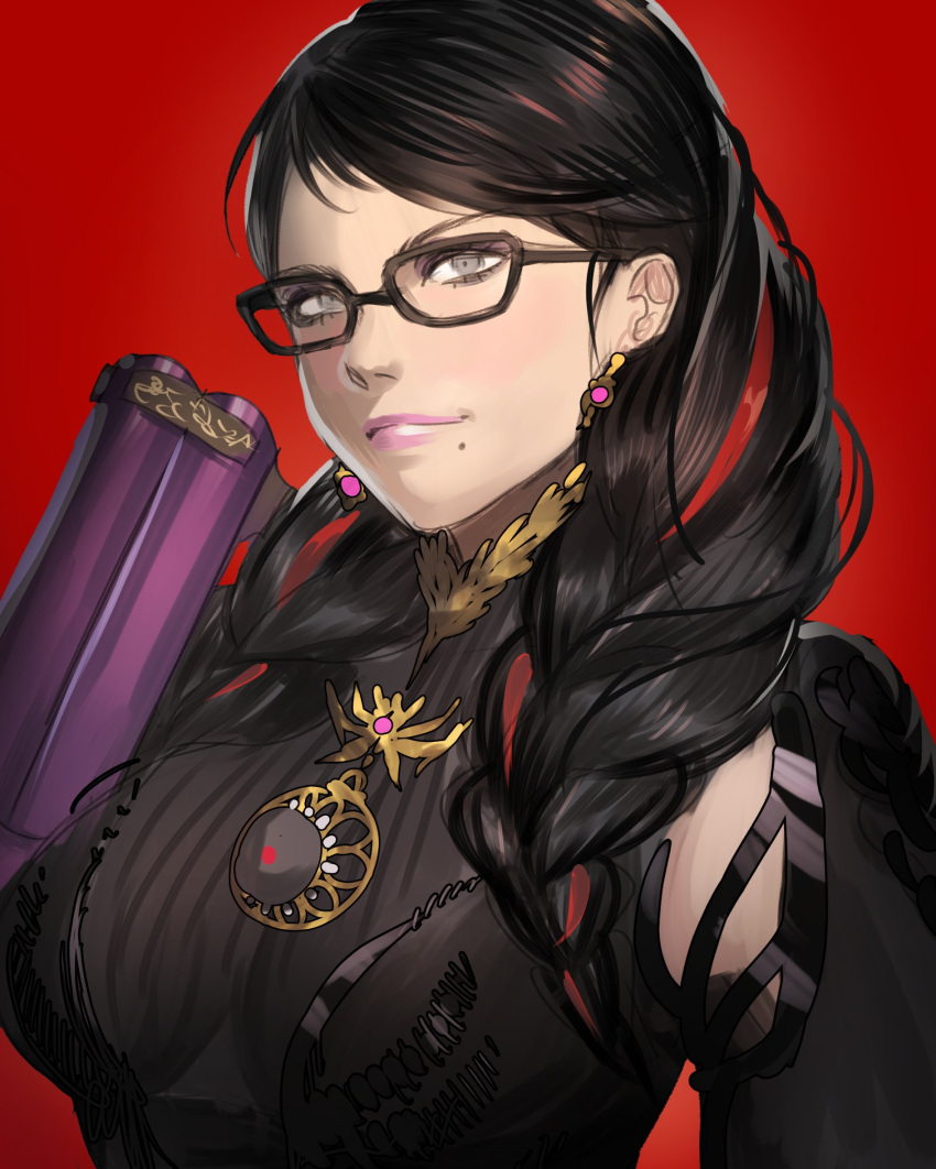 1girl armpit_cutout bayonetta bayonetta_(series) bayonetta_3 braid clothing_cutout glasses gun hair_behind_ear hair_ribbon hanny_(uirusu_chan) highres jewelry light_smile lipstick looking_at_viewer makeup mole mole_under_mouth portrait red_background ribbon twin_braids weapon